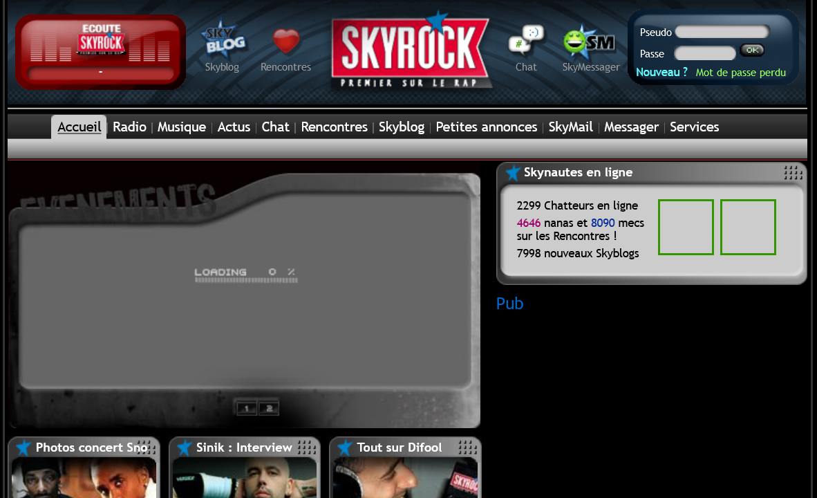 Page d'accueil de la radio Skyrock