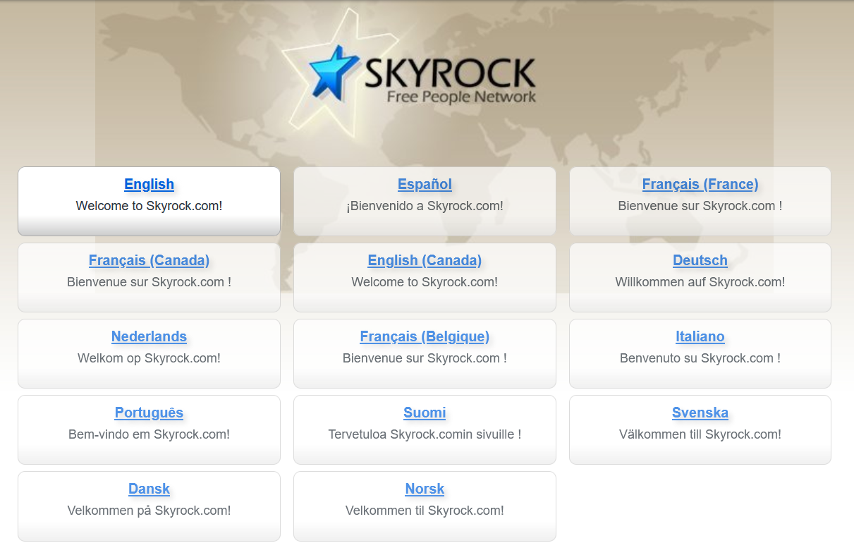 Page redirigeant vers les versions internationales de skyblogs : ici 14 versions différentes